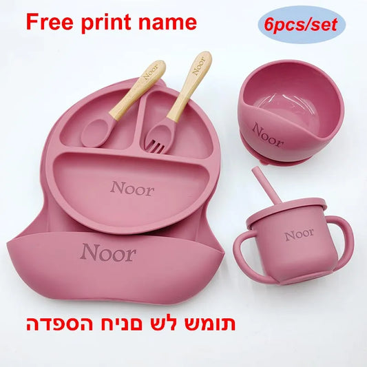 6PCS Silicone Baby Feeding Set – Bowl, Plate, Bib, Cup & Utensils