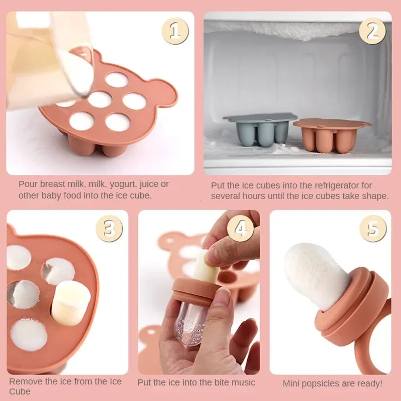Bear Baby Feeding Set – Fruit Feeder & Silicone Freezer Trays for Milk & Puree